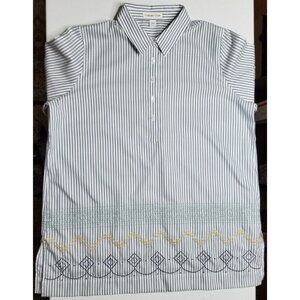 Coldwater Creek Long Sleeve Button Pullover Striped Embroidered Shirt Women's L